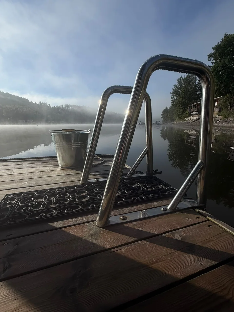 The SaaleSpa bathing ladder by still Lake Hohenwarte in the morning mist