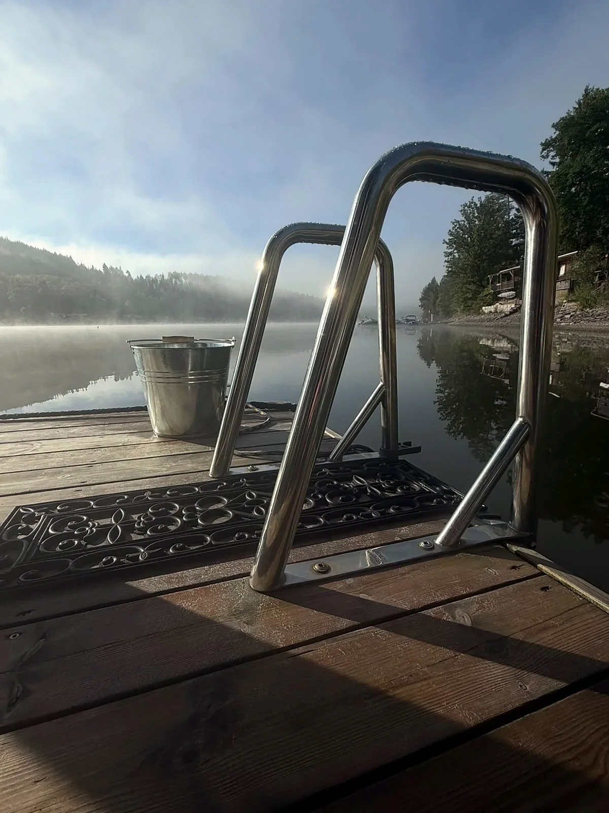 The SaaleSpa bathing ladder by still Lake Hohenwarte in the morning mist